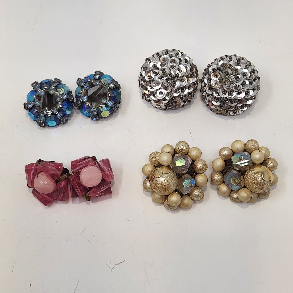 Button Cluster Vintage Clip On Earrings Set of 4 Pairs Beaded Retro Glam Japan
